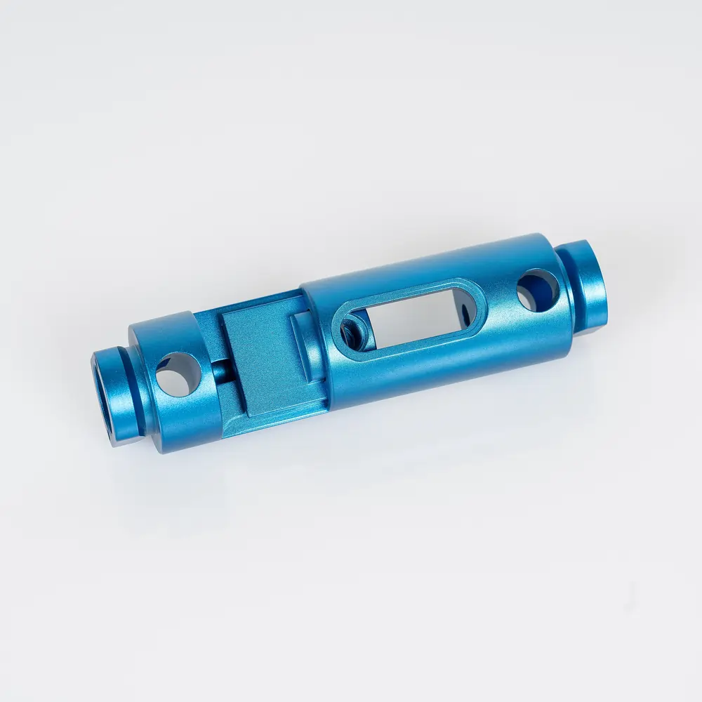 Anodized blue custom CNC milled aluminium joint component