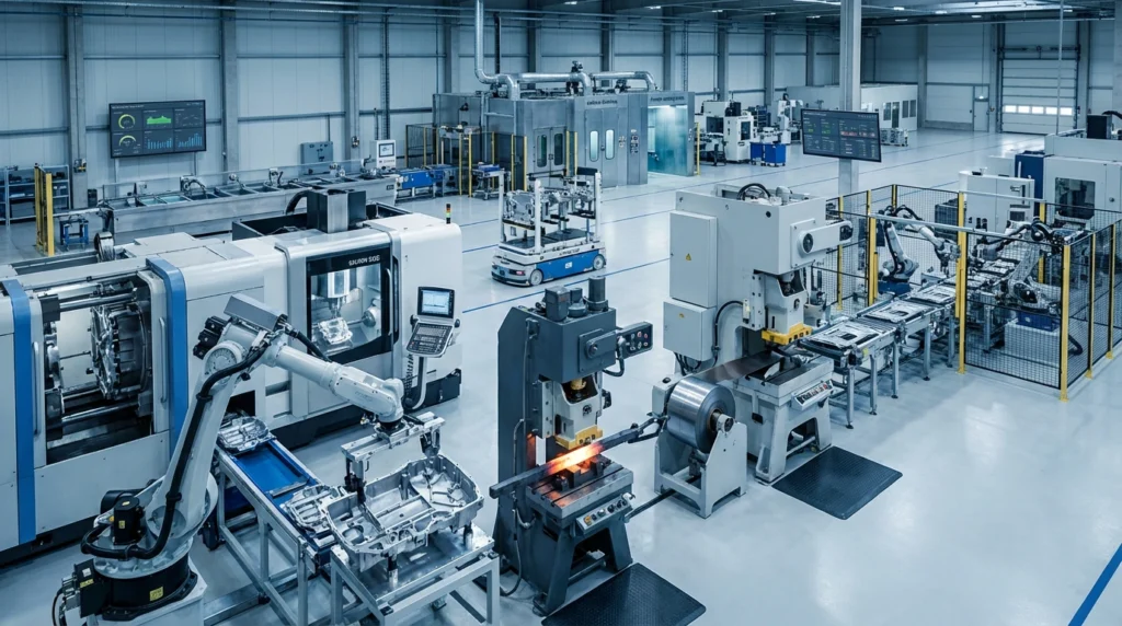 Integrated multi‑process manufacturing line with CNC machining, automation, forging, and production robotics for end‑to‑end part manufacturing.