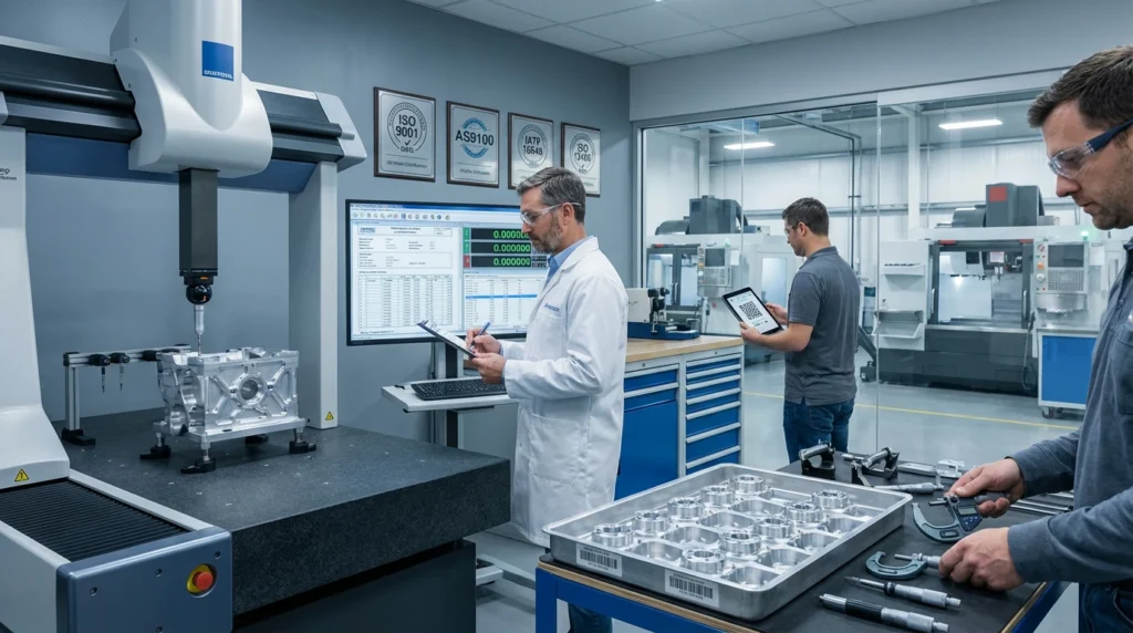 CNC machining cost drivers shown through cycle‑time data, precision metal parts, and engineers reviewing technical drawings in a modern machine shop.
