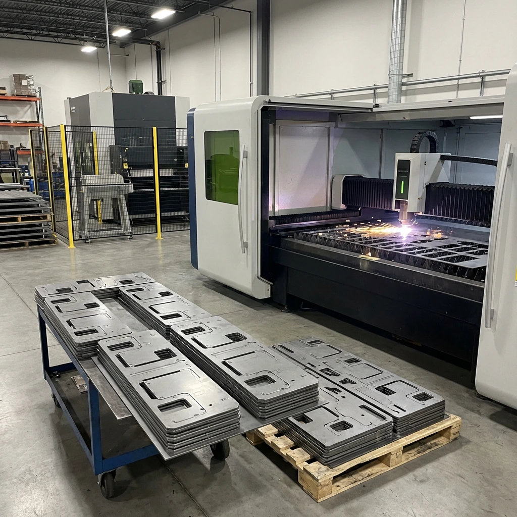Laser cutting machine in operation with stacked metal parts