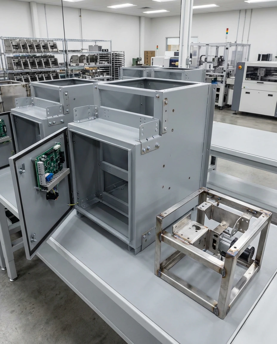 Meco technician assembling a welded sheet metal enclosure