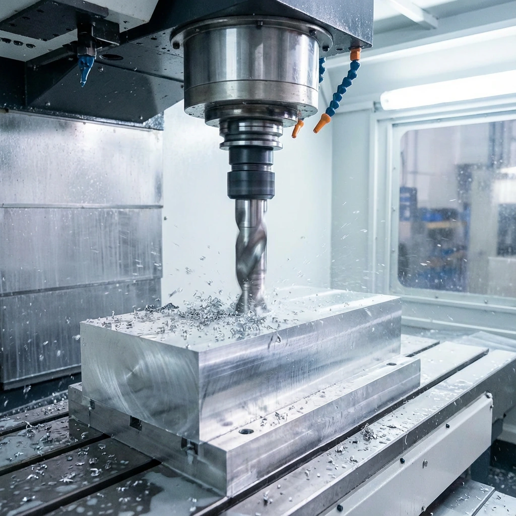 CNC drilled aluminium manifold with multiple precision through-holes and tapped threads