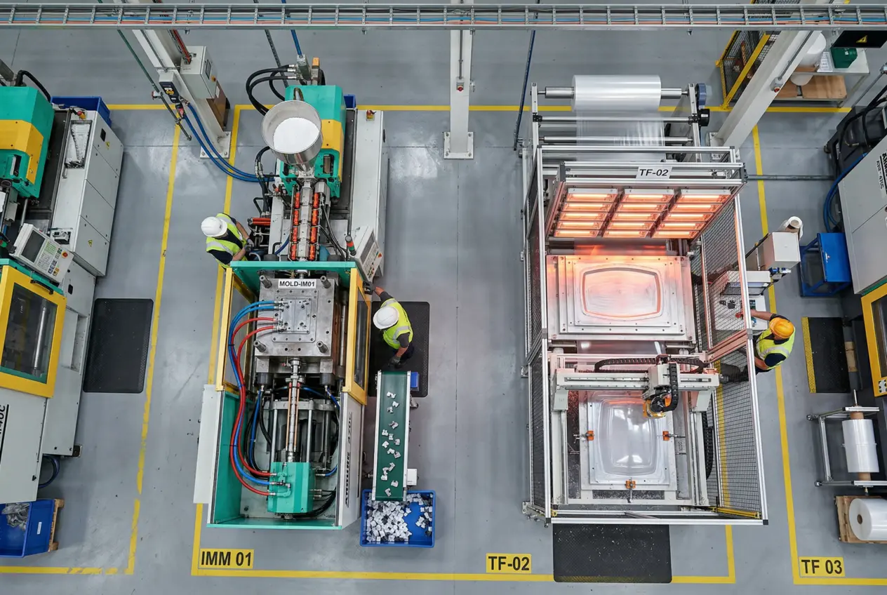 overhead view of manifcturing with workers in hard hats