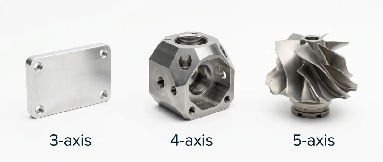 Comparison of CNC machined parts by axis type showing a flat bracket for 3 axis, multi-sided housing for 4 axis cnc, and turbine blade for 5 axis machining