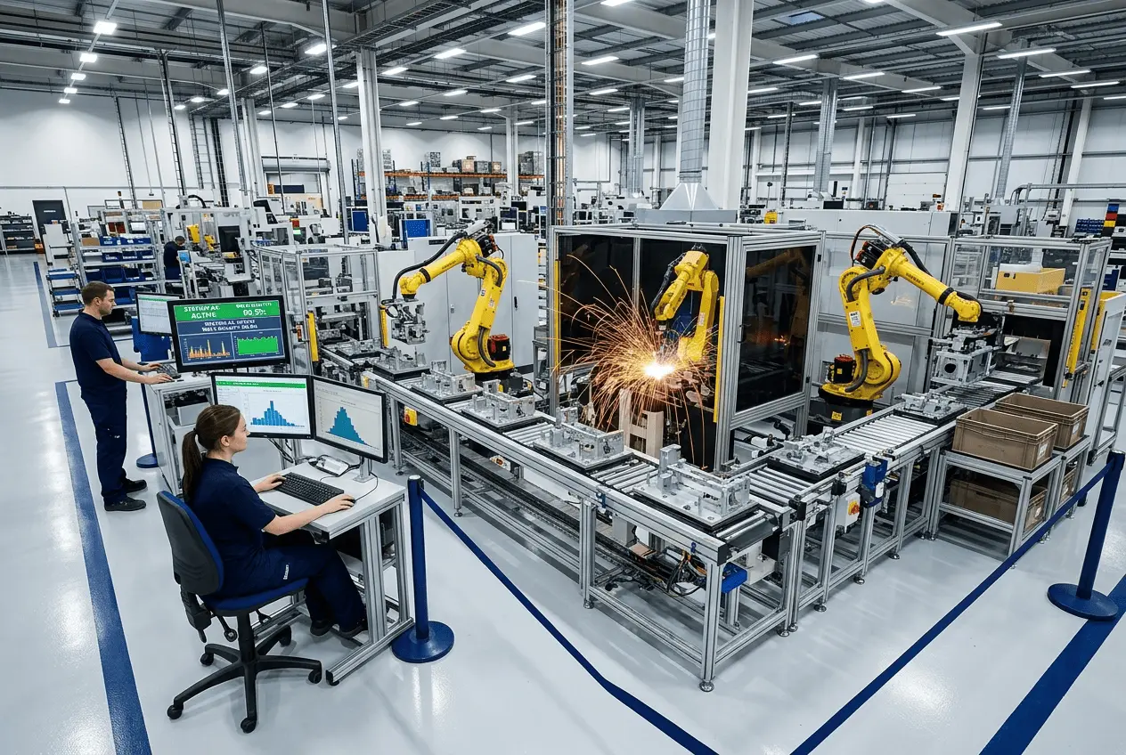 High-efficiency automated assembly line with robotic arms and quality control displays in a contract manufacturing facility