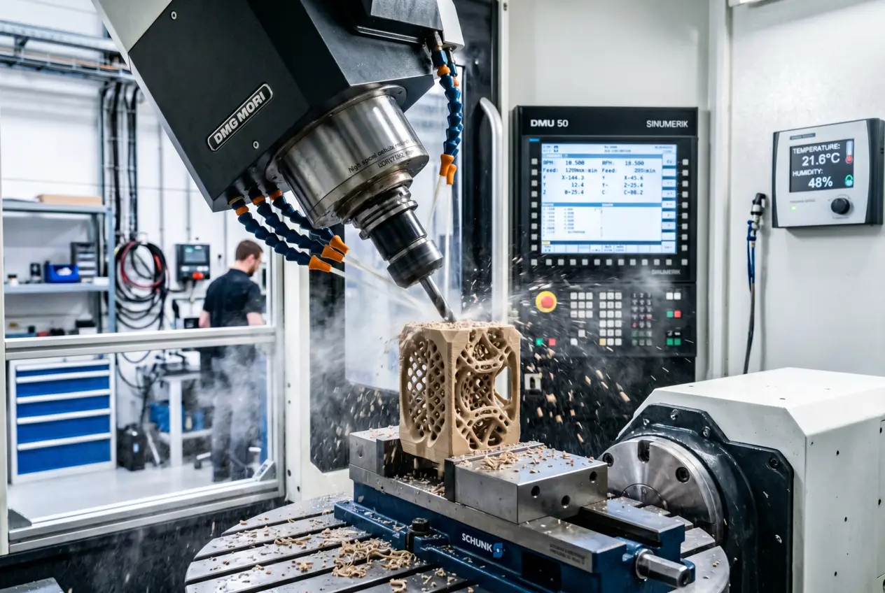 5-axis CNC mill cutting a PEEK spinal cage prototype with coolant mist in a temperature-controlled machining environment