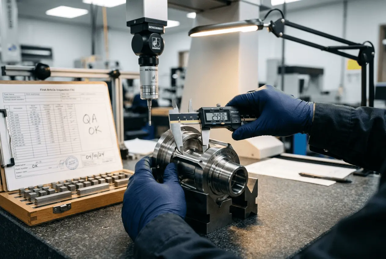 Quality control inspector using digital calipers and CMM to inspect a CNC-machined aerospace component in a contract manufacturing facility