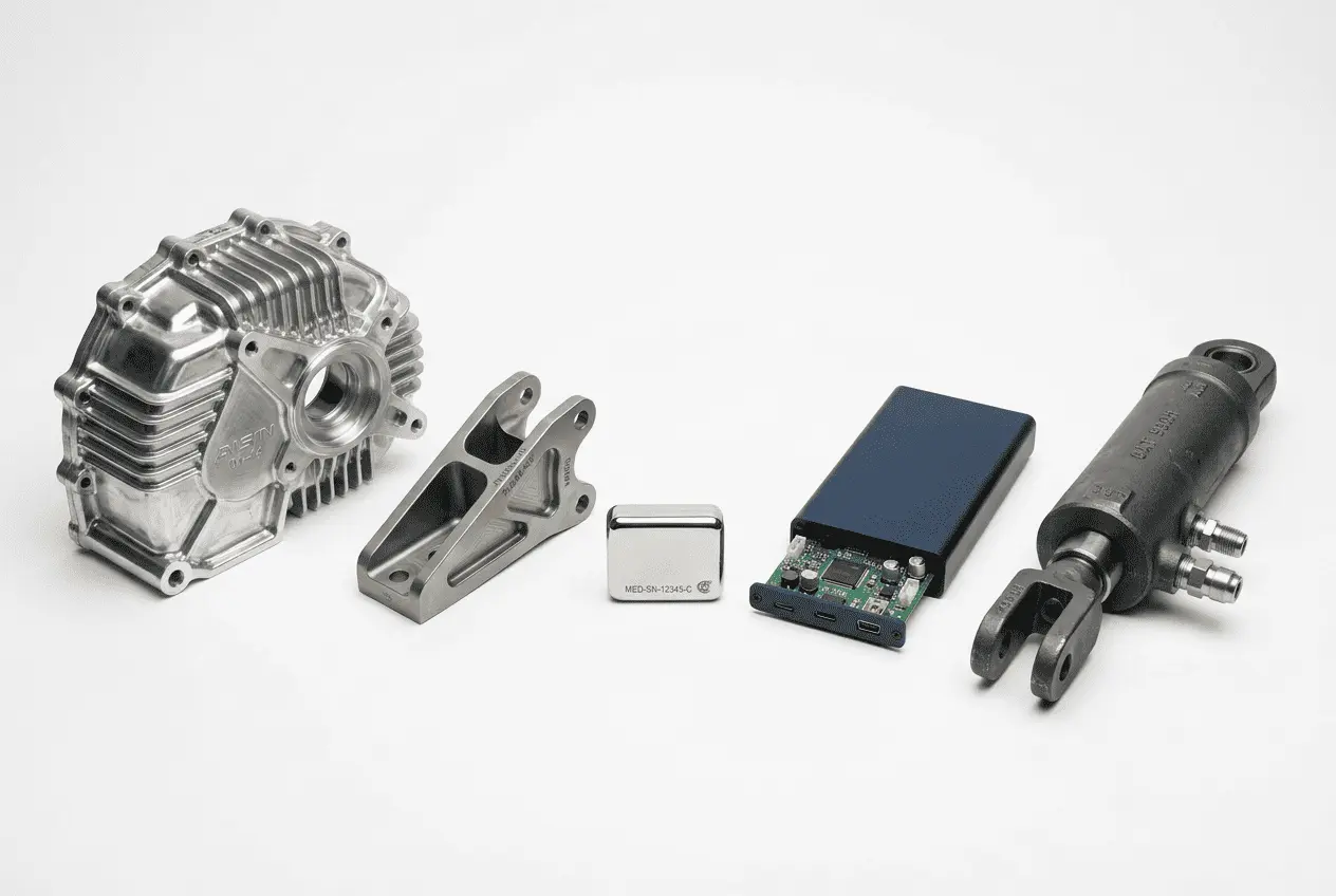 Arc of precision-manufactured components representing automotive, aerospace, medical, consumer electronics, and heavy equipment contract manufacturing