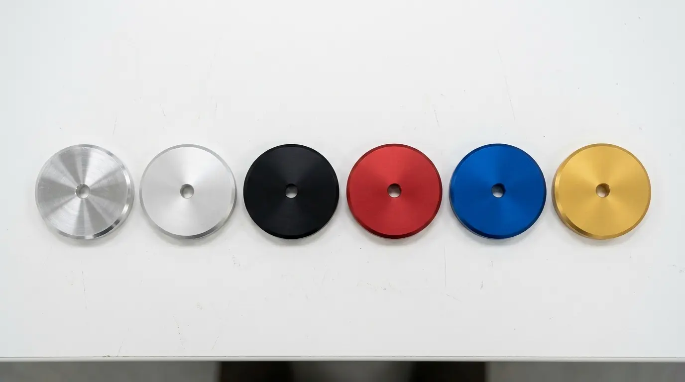 Array of CNC-machined aluminum parts with different anodizing colors including black, red, blue, gold, and clear anodized finishes arranged on a white surface inside a quality inspection area
