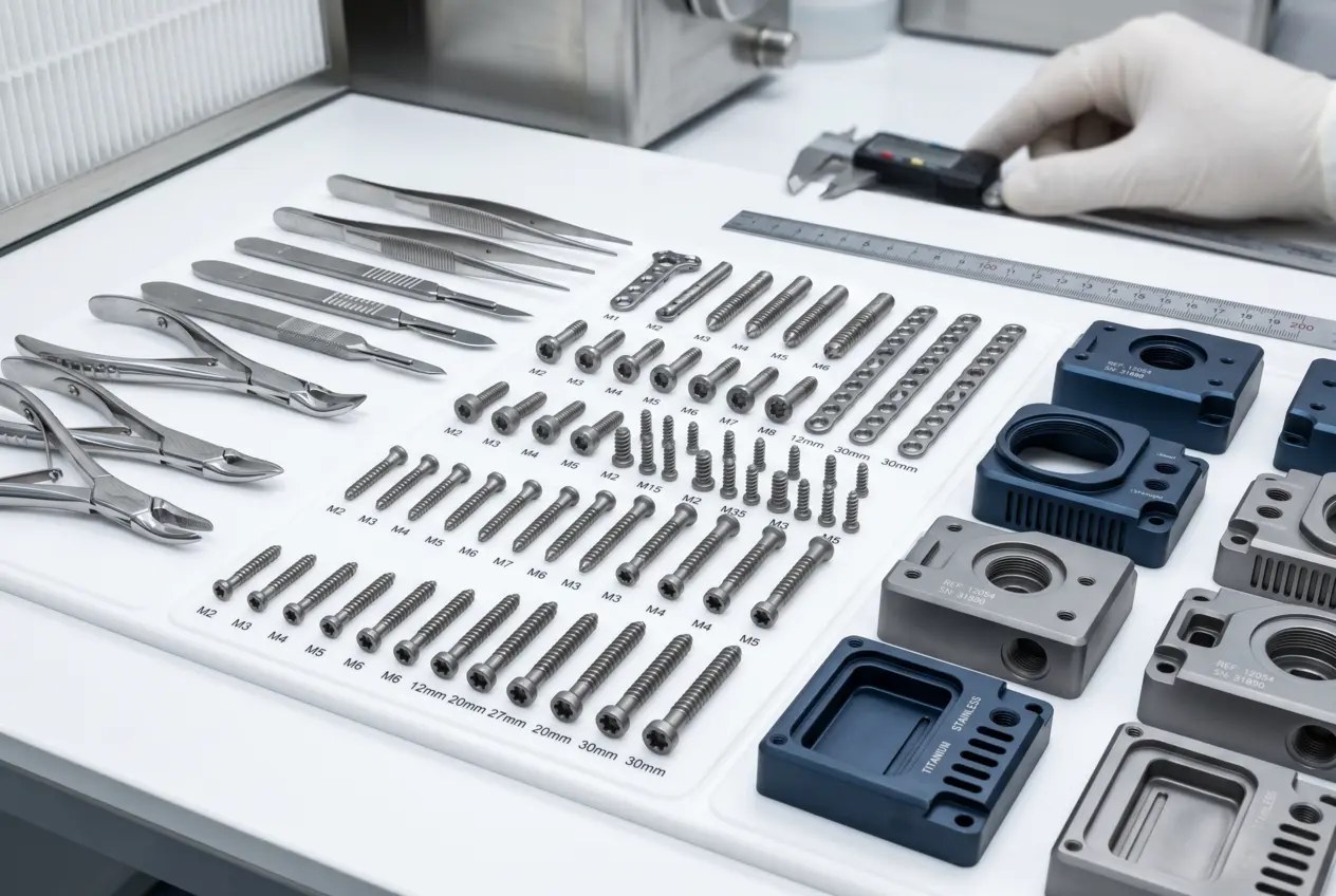Array of precision CNC machined medical parts including stainless steel surgical instruments, titanium bone screws, and aluminum diagnostic housings arranged on a clean inspection surface