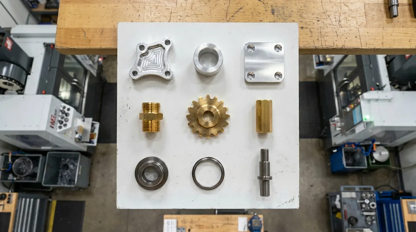 Assortment of CNC-machined parts in aluminum, brass, and titanium including brackets, connectors, and cylindrical fittings arranged on a white inspection surface showing the distinct color differences between the three metals