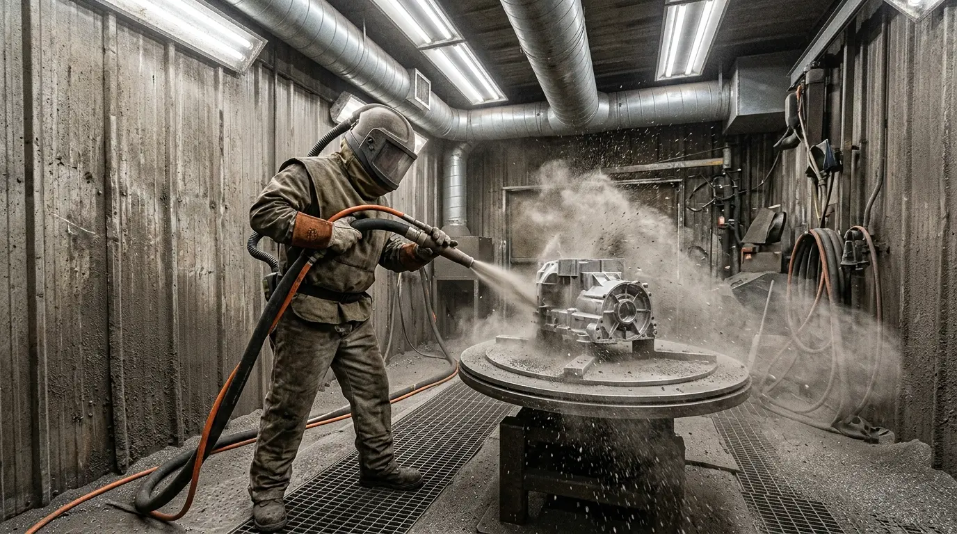 Production worker in protective gear sandblasting an aluminum die-cast housing inside an industrial blast room