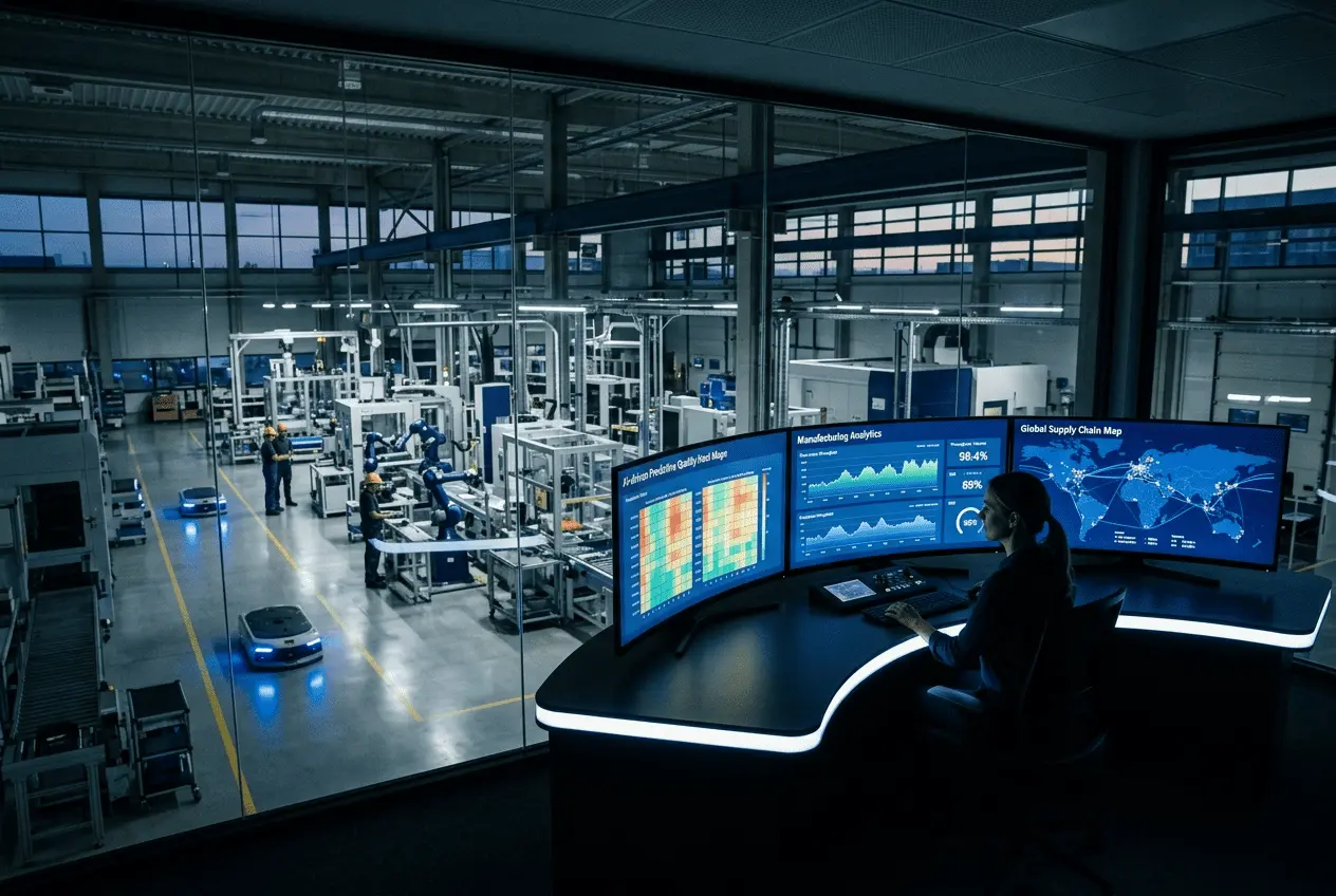 Futuristic smart factory control room with AI quality dashboards, collaborative robots, and automated guided vehicles in a contract manufacturing facility