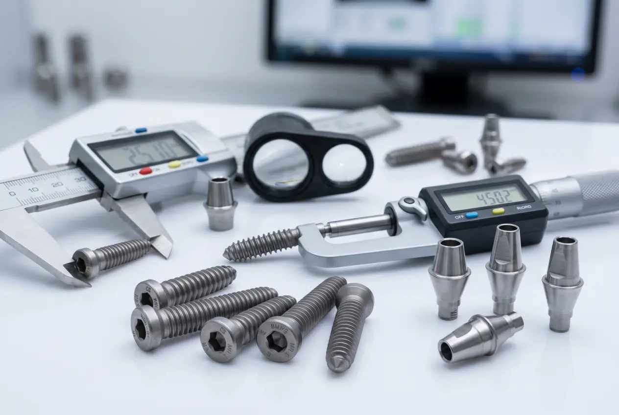 Close-up of CNC turned titanium bone screws and dental abutments arranged on a clean inspection surface with precision measuring instruments