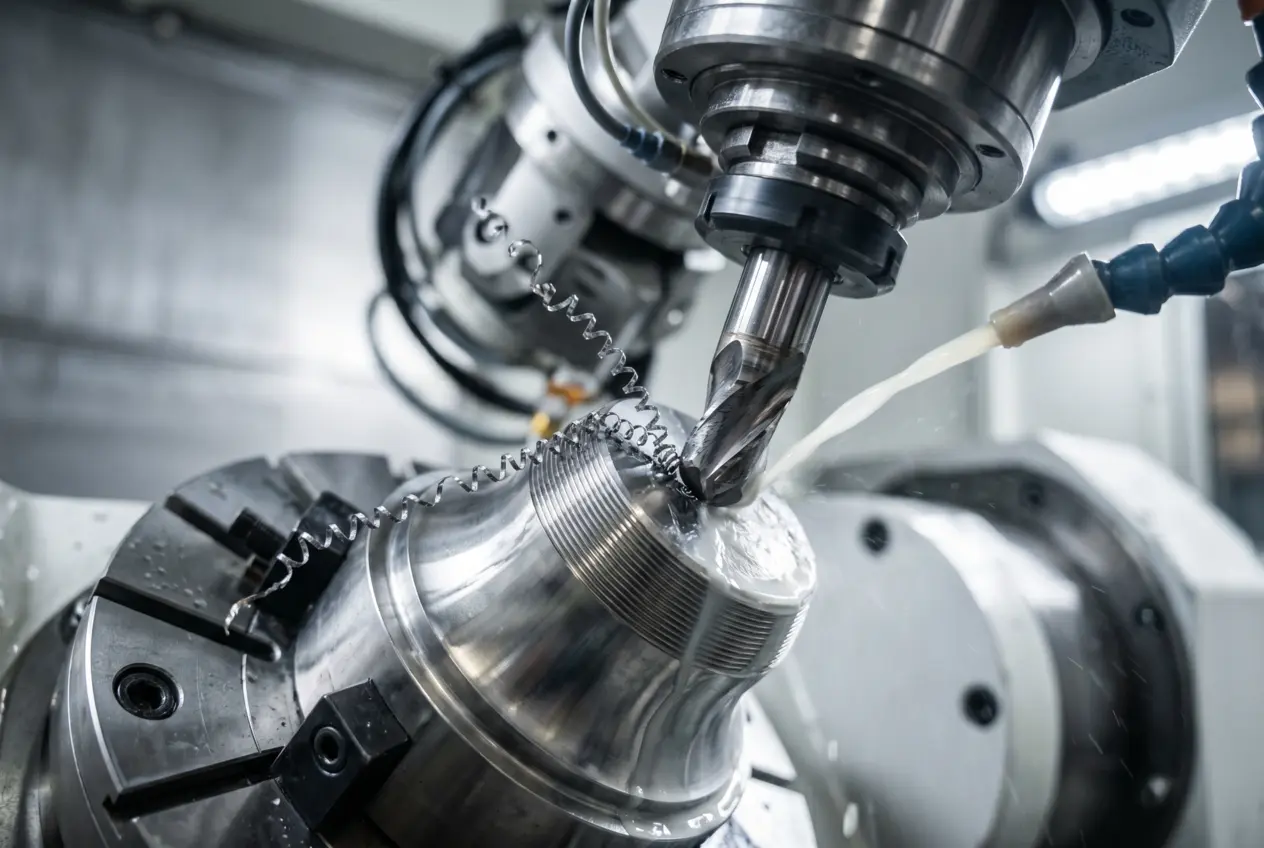 Close-up of a 5-axis CNC machining center producing a titanium orthopedic implant component