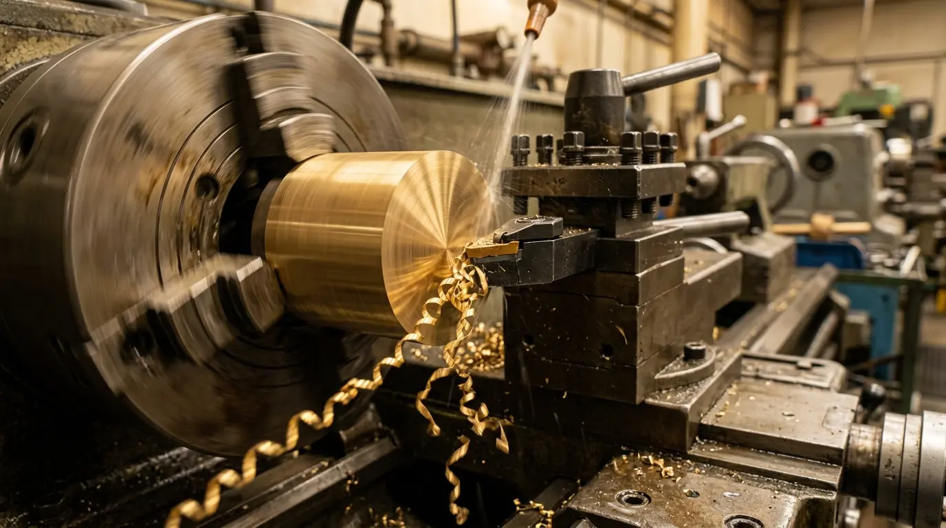 Close-up of a CNC lathe turning a brass fitting with golden metal chips curling away from the cutting tool, showing the clean chip formation characteristic of free-machining brass