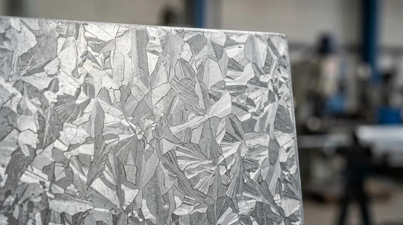 Close-up of a hot-dip galvanized steel surface showing the distinctive spangled crystalline zinc coating pattern with visible crystal boundaries under natural light