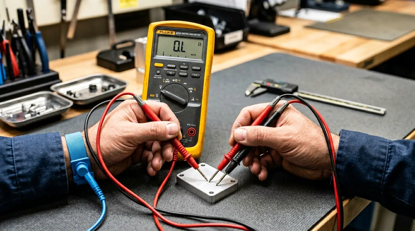 Close-up of an engineer's hands using a digital multimeter with two probes touching the surface of an aluminum part on a workbench to test whether the aluminum is anodized, showing the multimeter display reading OL for open circuit