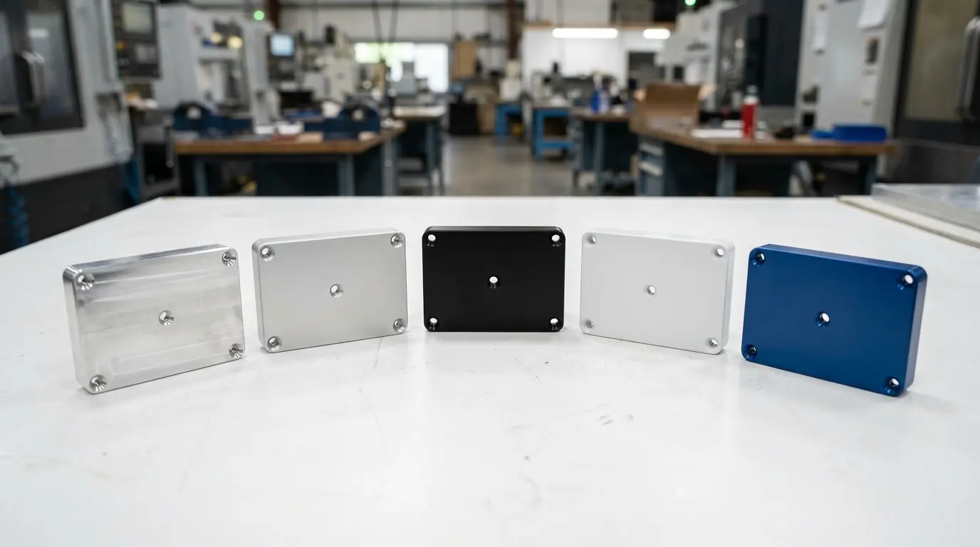 Collection of aluminum parts with different surface finishes including raw mill finish, clear anodized, black anodized, white powder coated, and blue powder coated, arranged on a manufacturing inspection table under bright LED lighting