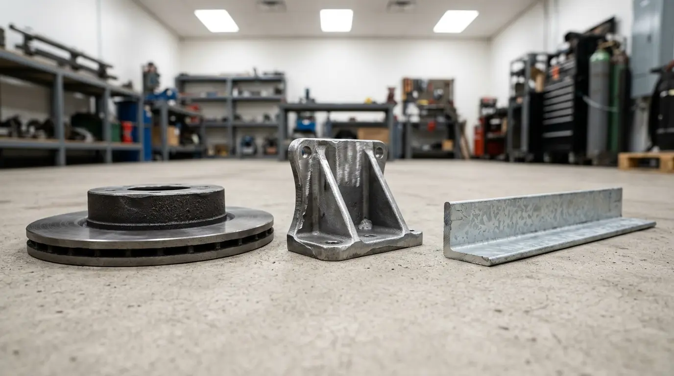Comparison of three metal types on a workbench: a dark gray cast iron brake rotor, a bright silver cast steel structural bracket, and a spangled galvanized steel angle iron, each labeled for identification training