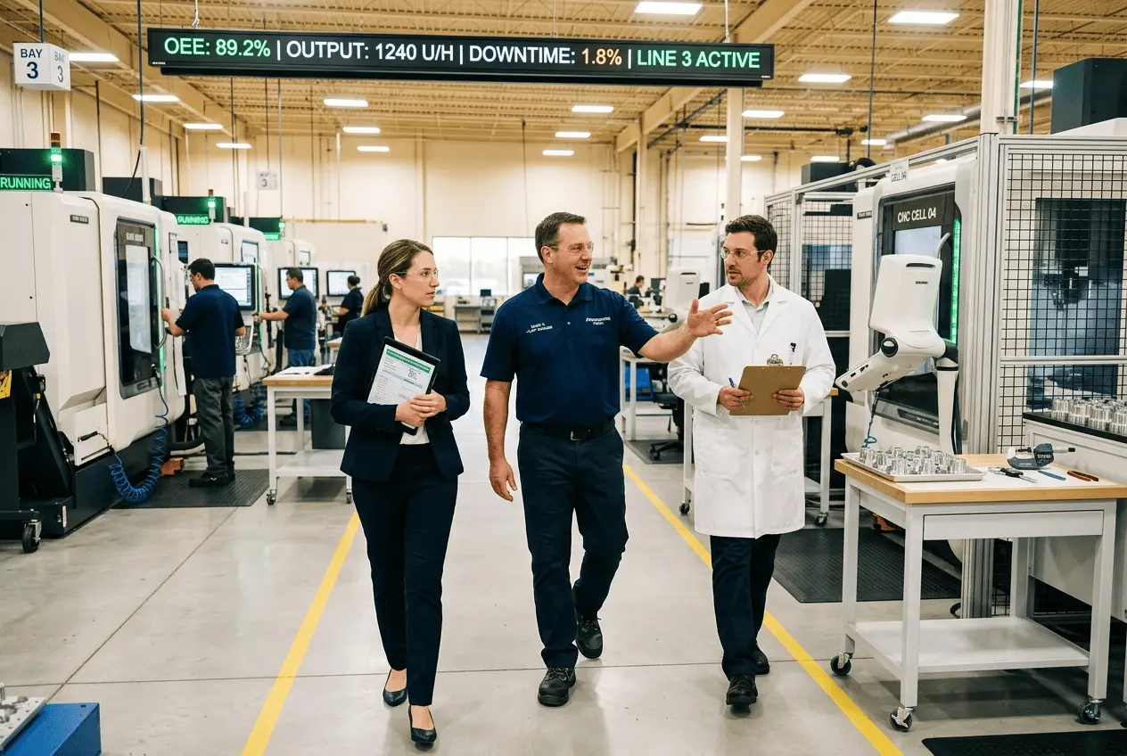 Manufacturing plant audit walkthrough with sourcing manager, plant manager, and quality engineer reviewing production capabilities