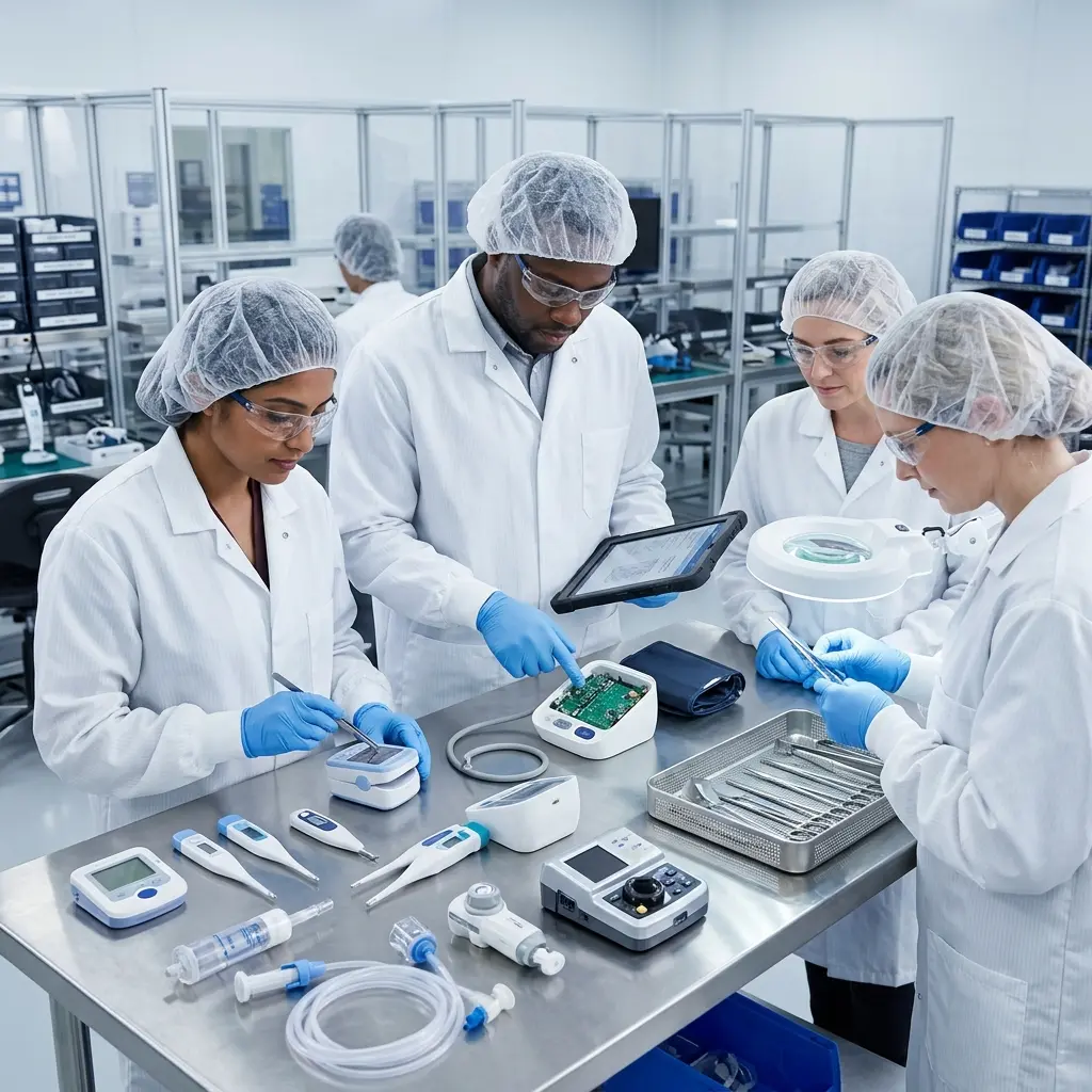 Engineers working on medical device components in a precision manufacturing facility