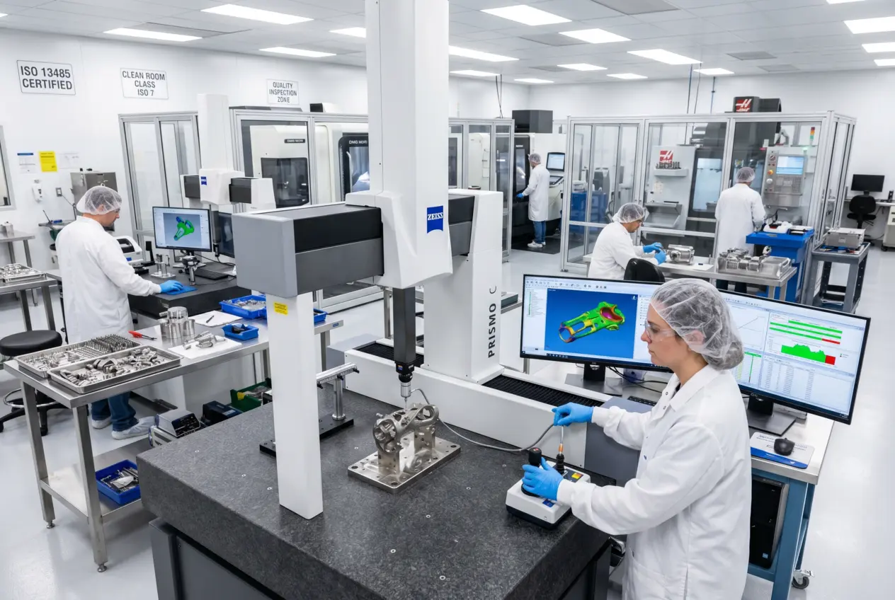 Interior of a CNC machining facility producing medical device components with operators inspecting parts at CMM stations
