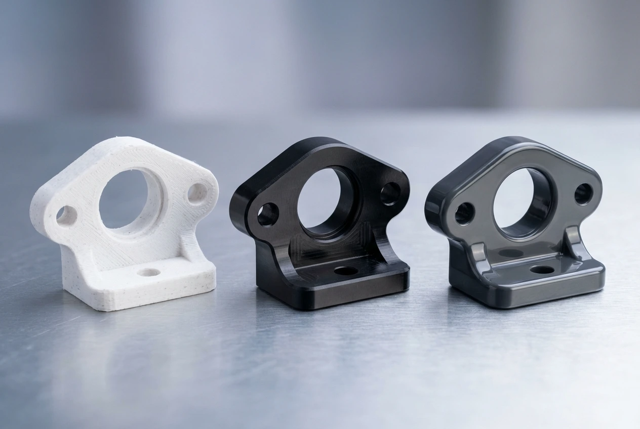 Three identical precision-manufactured components produced end-to-end by Meco