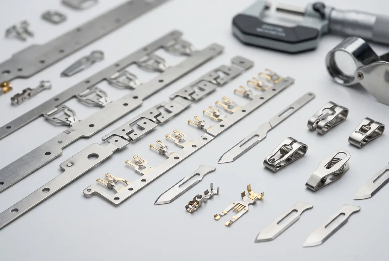 Progressive die metal stamped medical device components including stainless steel clips, contact springs, and blade blanks arranged on an inspection surface