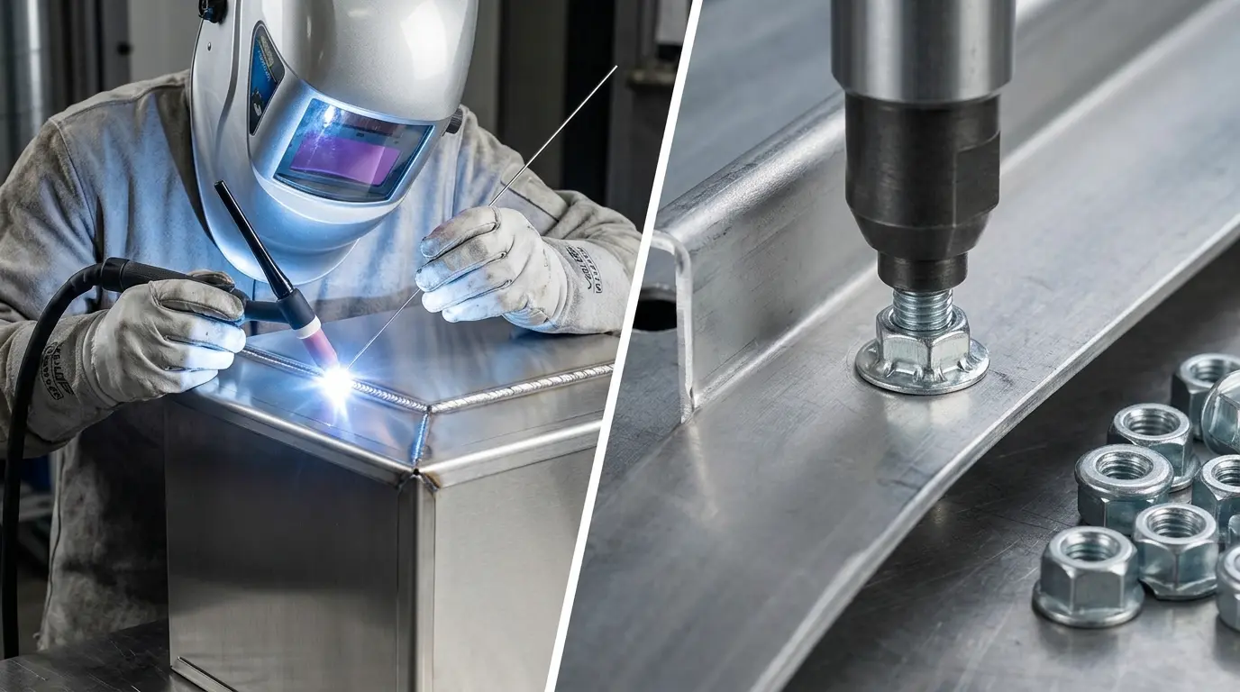Sheet metal assembly techniques showing TIG welding on a stainless steel enclosure and PEM self-clinching fastener installation on an aluminum panel