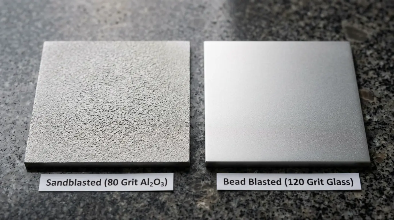 Side-by-side comparison of a sandblasted aluminum panel with rough matte texture and a bead blasted aluminum panel with smooth satin finish