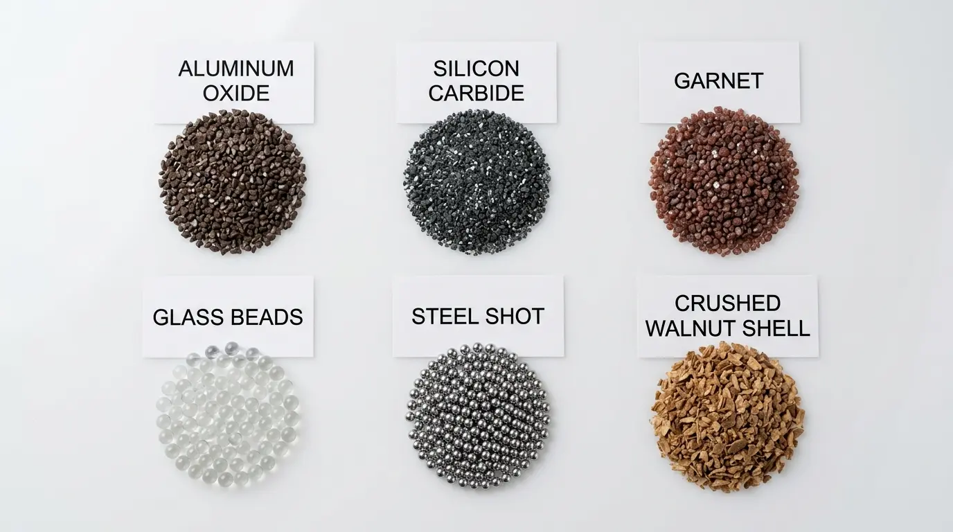 Six piles of different blasting media arranged on a white surface showing aluminum oxide garnet glass beads steel shot silicon carbide and walnut shell
