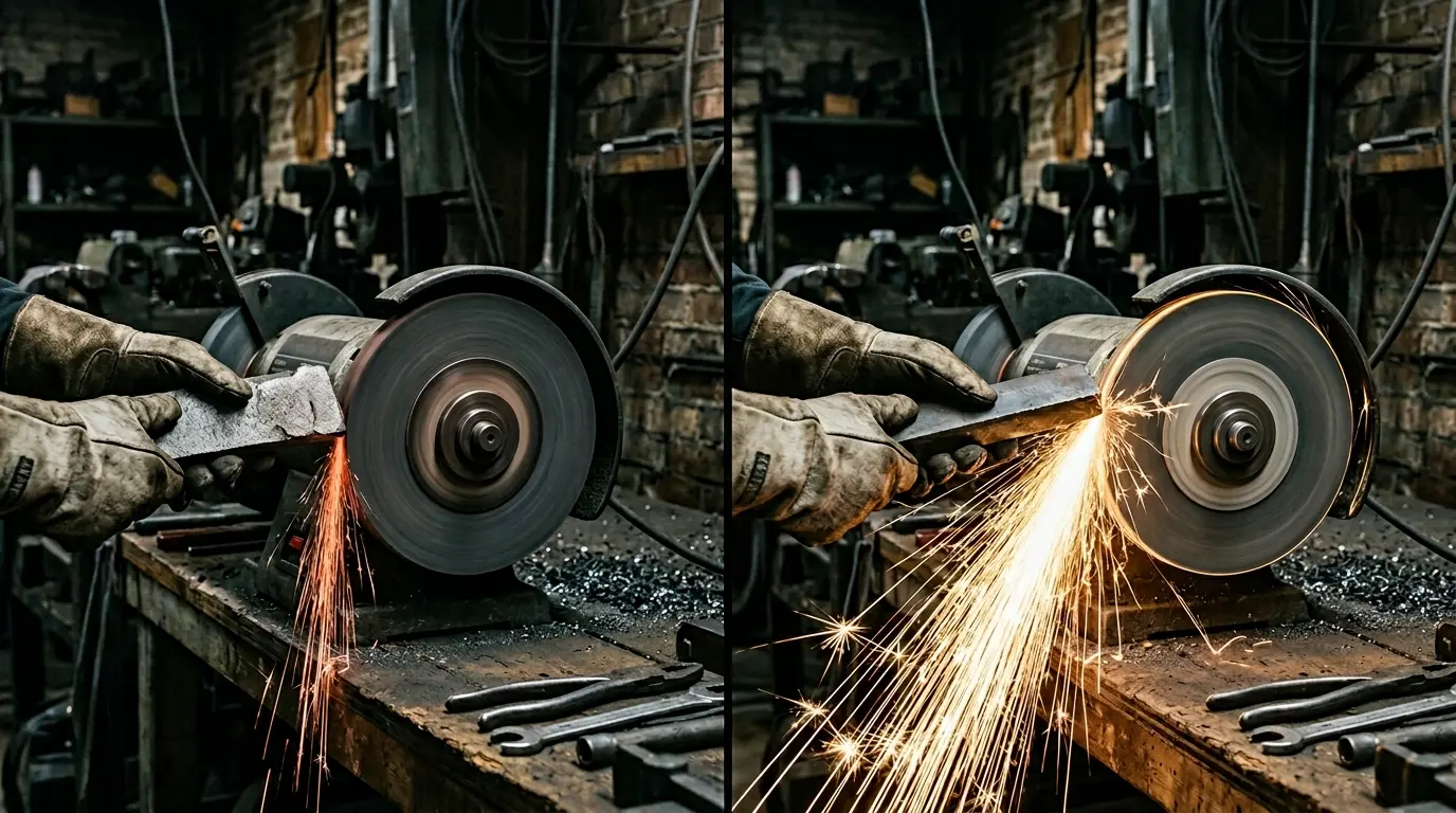 Split-screen comparison of spark tests showing short dull red sparks from cast iron on a grinding wheel on the left and long bright yellow forking spark streams from cast steel on the right