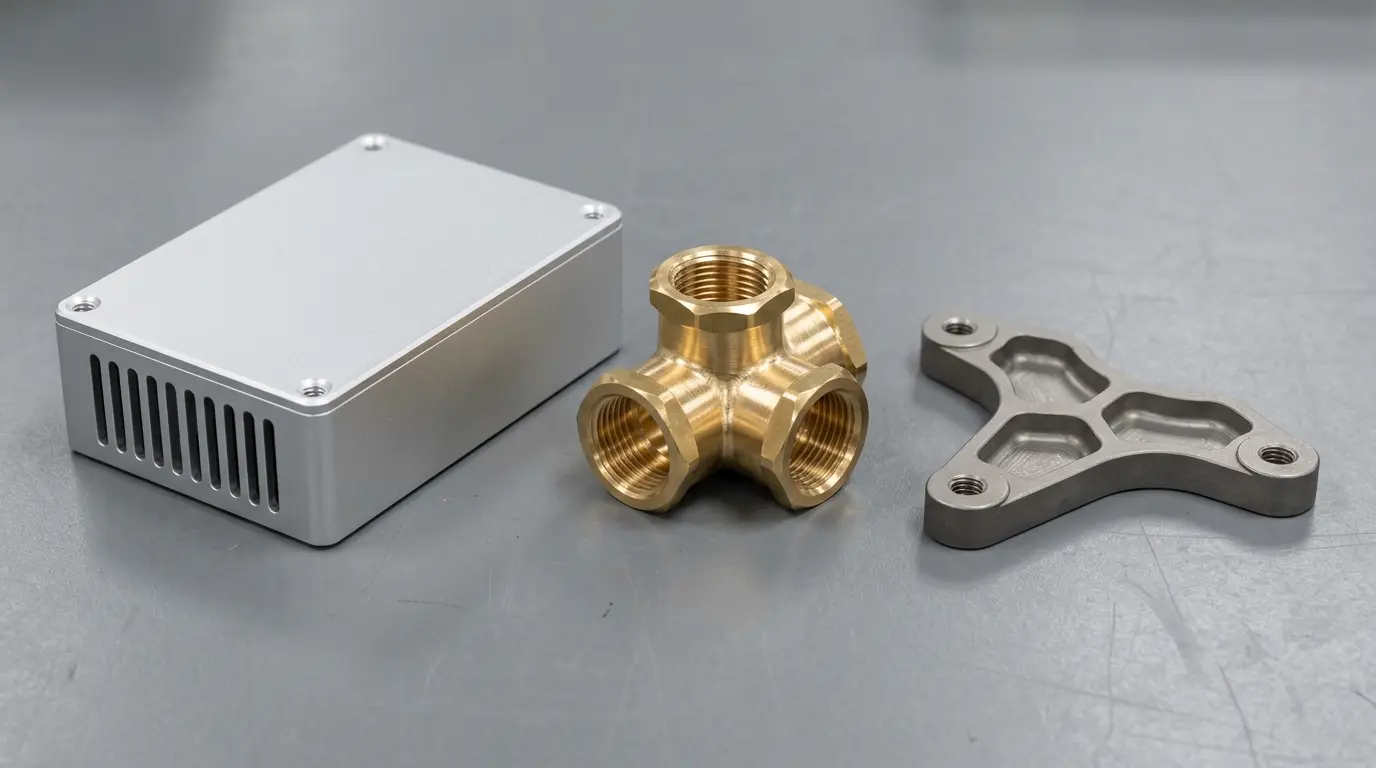 Three real-world application parts made from different metals: an aluminum electronics enclosure, a brass plumbing valve fitting, and a titanium aerospace bracket, arranged on a clean workbench