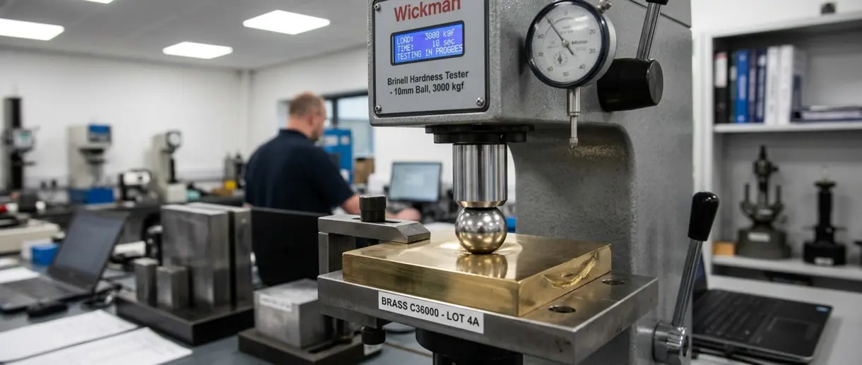 Brinell hardness test being performed on a brass metal sample in a manufacturing quality control lab