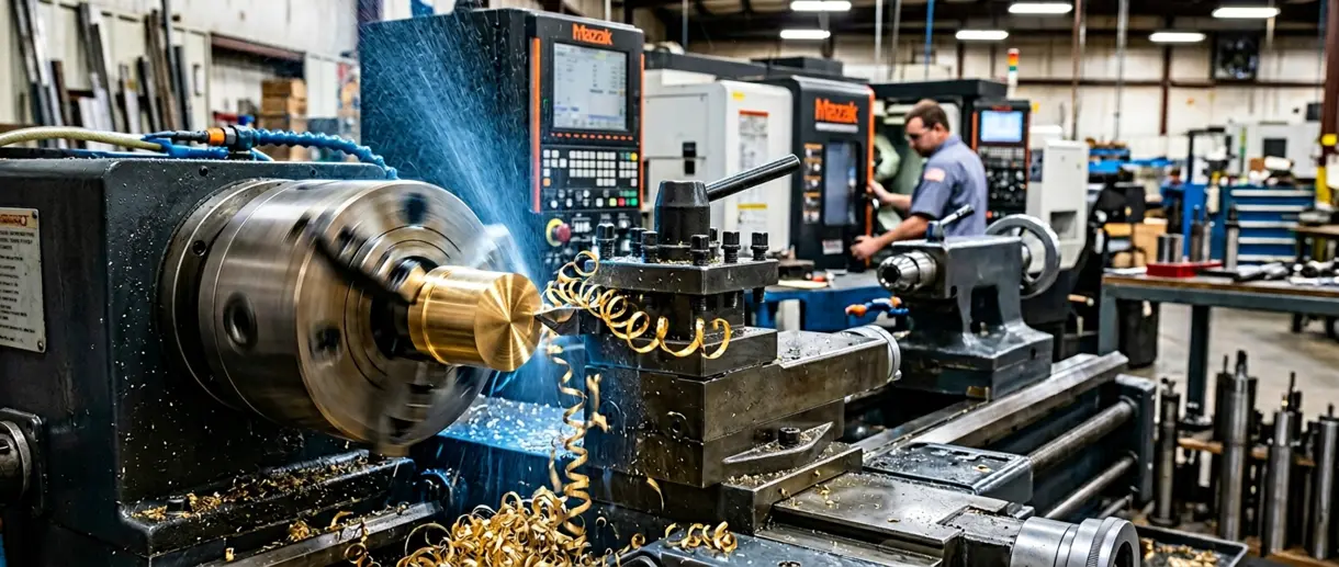 CNC lathe turning a brass part with golden chips curling away from the cutting tool