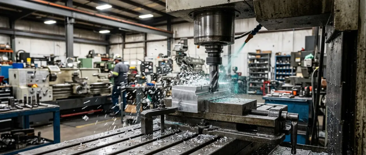 CNC milling machine with rotating cutting tool shaping an aluminum workpiece on a 3-axis CNC mill