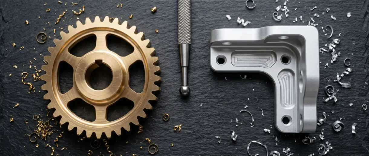 Brass gear and aluminum bracket side by side with a hardness testing indenter showing the visual and material differences between brass and aluminum