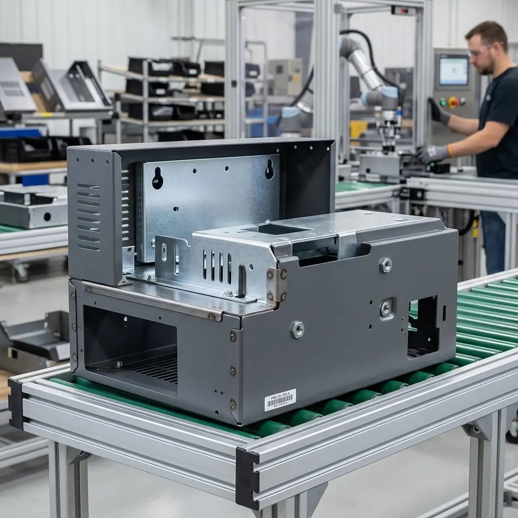 CNC press brake bending a steel sheet metal blank into a formed bracket with back-gauge positioning for dimensional accuracy
