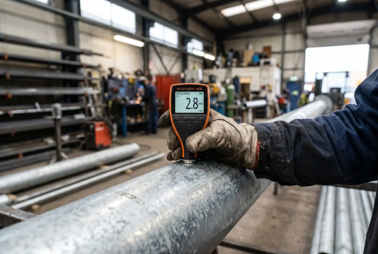 Workers gloved hand pressing an electronic coating thickness gauge against a galvanized steel pipe showing a digital readout in a workshop setting