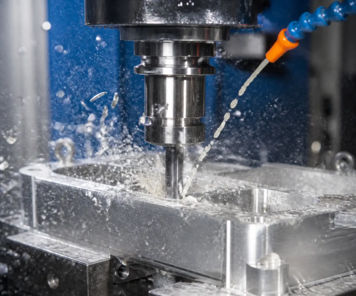 CNC milling machine cutting an aluminum 6061 bracket with chips and coolant
