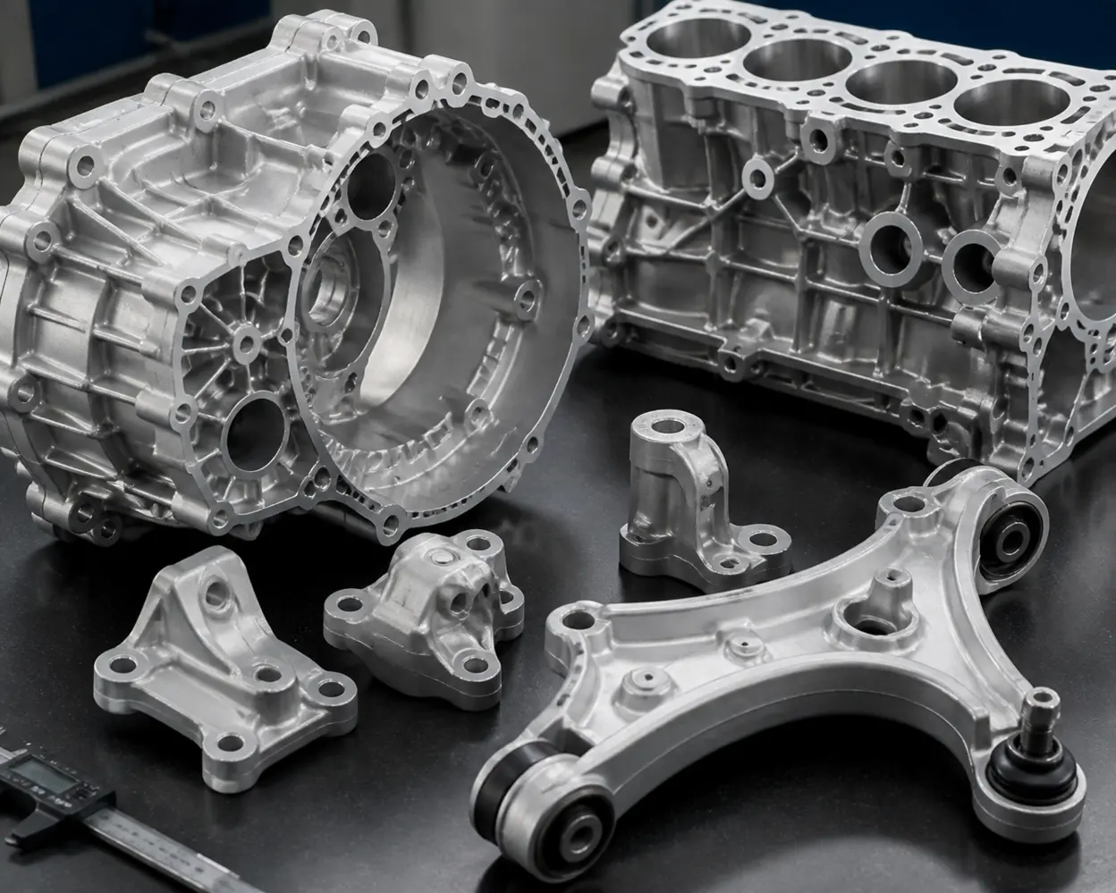 Finished aluminum die cast automotive parts including gearbox housing and brackets on an inspection table