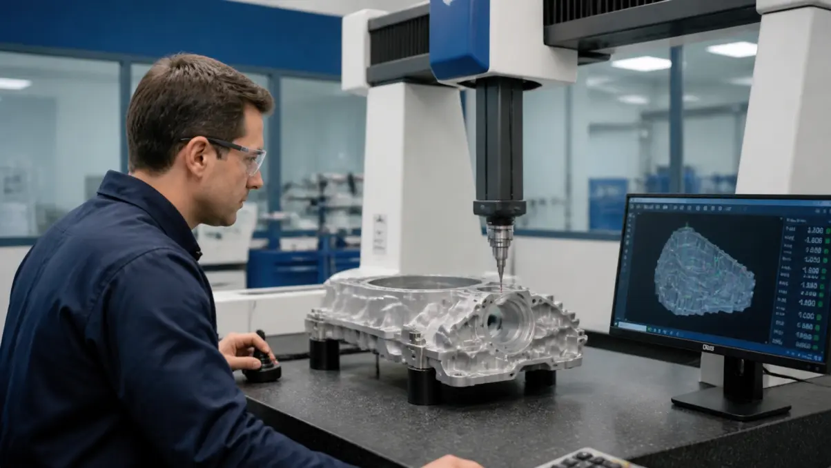 Quality engineer using a CMM to inspect a die casting for dimensional defects and alignment