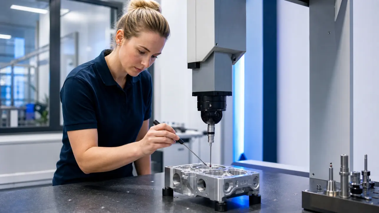 CMM inspector verifying thread dimensions on a precision machined aluminum part