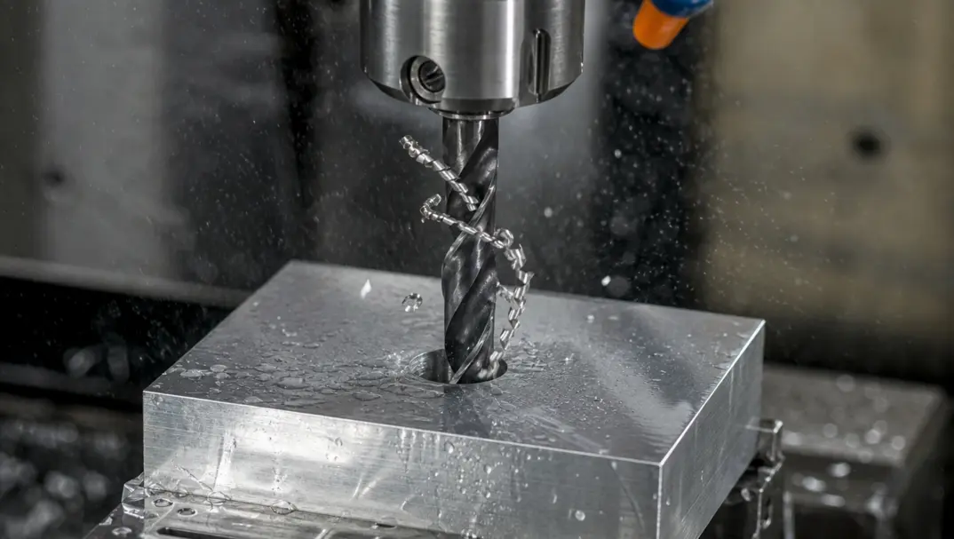 Carbide twist drill cutting an aluminum block on a CNC machining center with chip evacuation