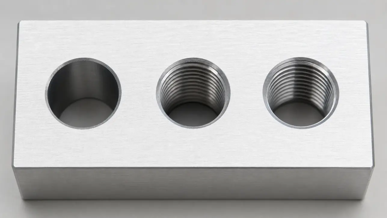 Side by side comparison of a CNC drilled hole, a tapped threaded hole, and a thread milled hole in aluminum