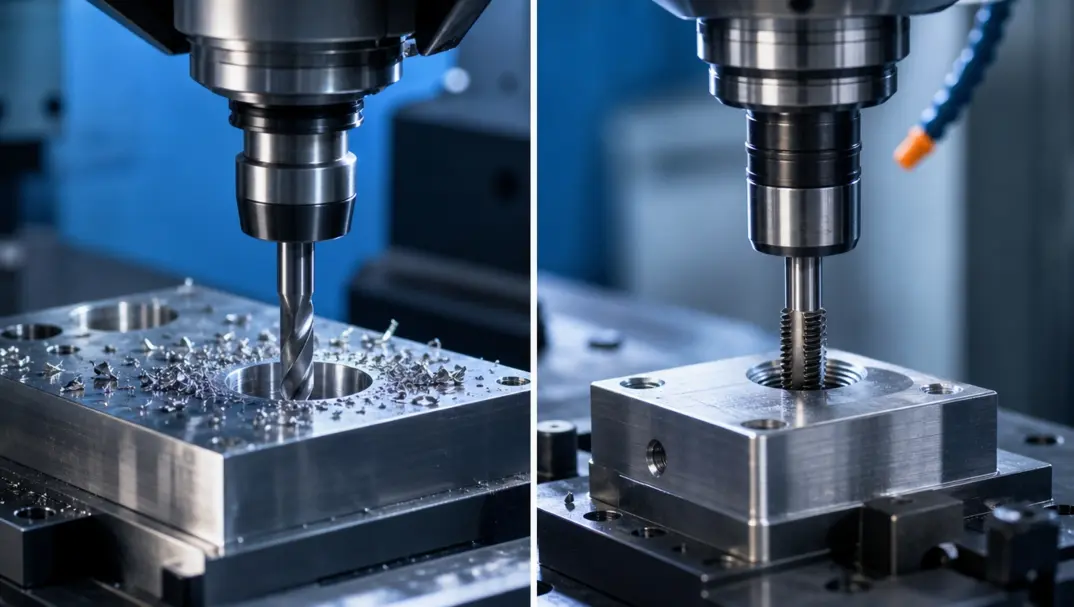 CNC drilling and tapping operations side by side on aluminum parts in a CNC machining center