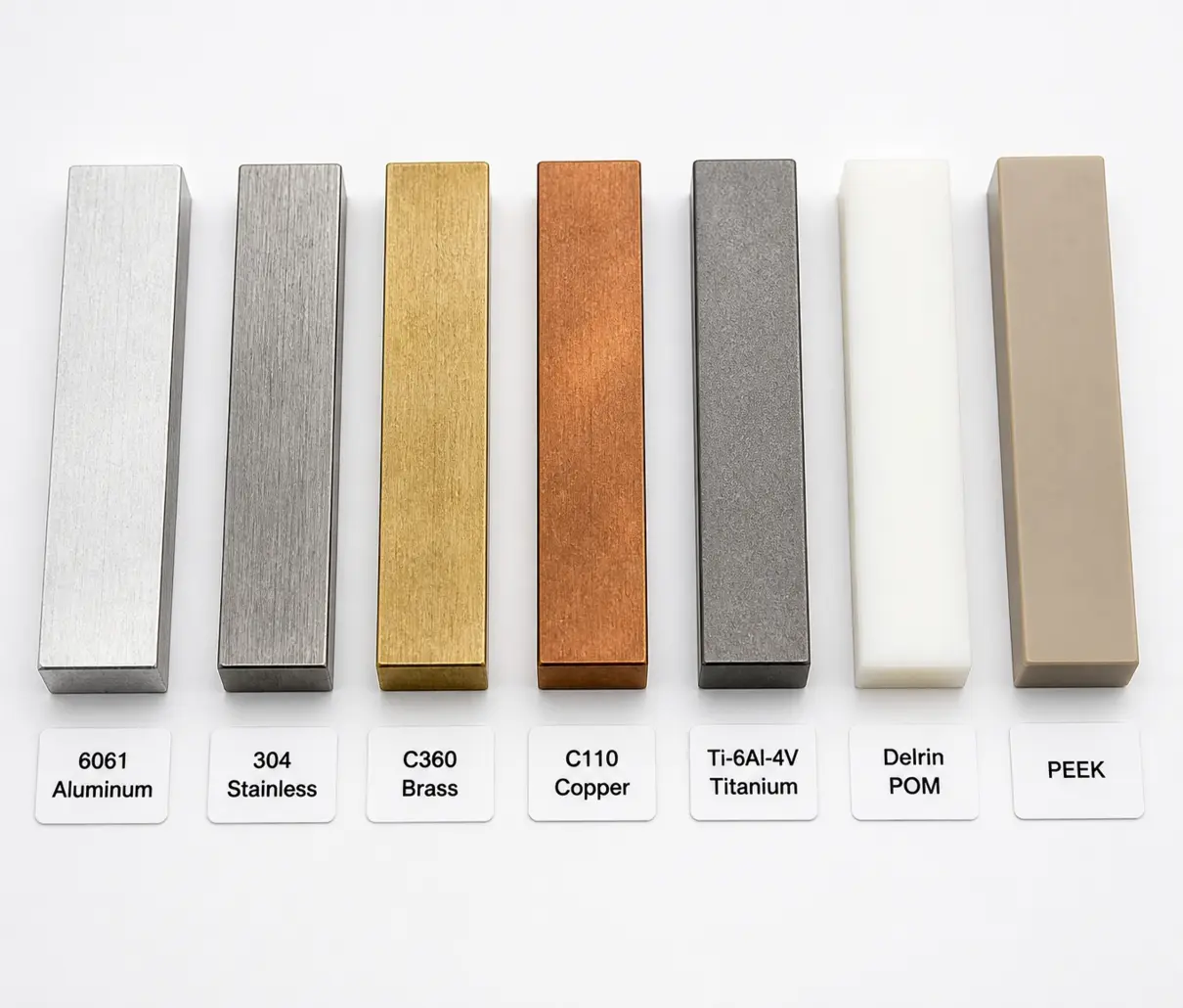 Bar stock samples of aluminum, stainless steel, brass, copper, titanium, Delrin, and PEEK with material labels