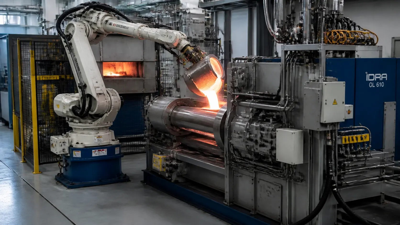 Cold chamber aluminum die casting cell with robotic ladle transferring molten aluminum to horizontal shot sleeve