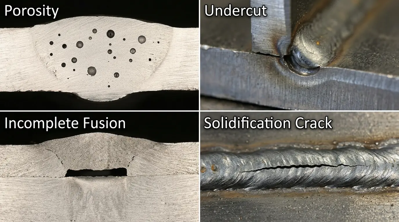 Photo collage showing four common welding defects: porosity gas pockets, undercut groove, incomplete fusion, and longitudinal crack in a steel weld bead